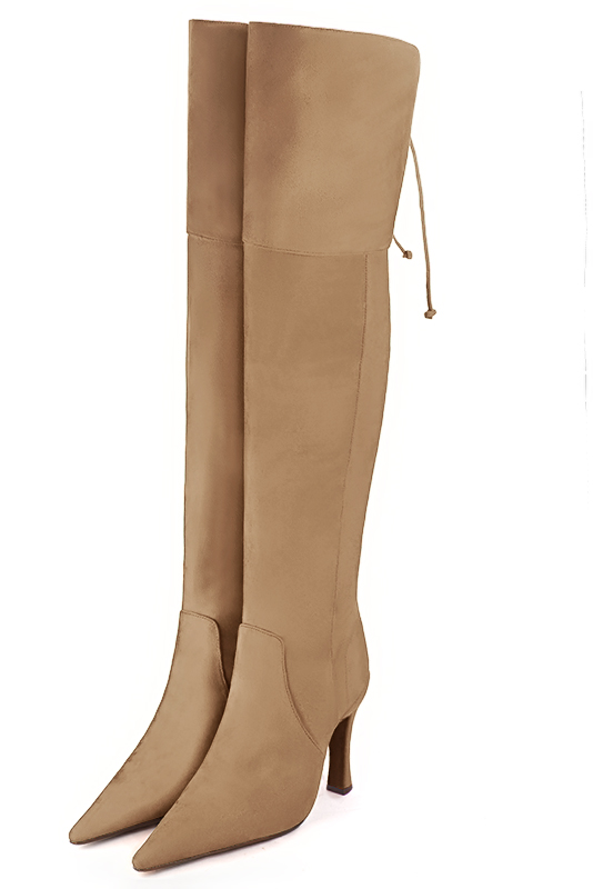 Tan beige women's leather thigh-high boots. Pointed toe. Very high spool heels. Made to measure - Florence KOOIJMAN